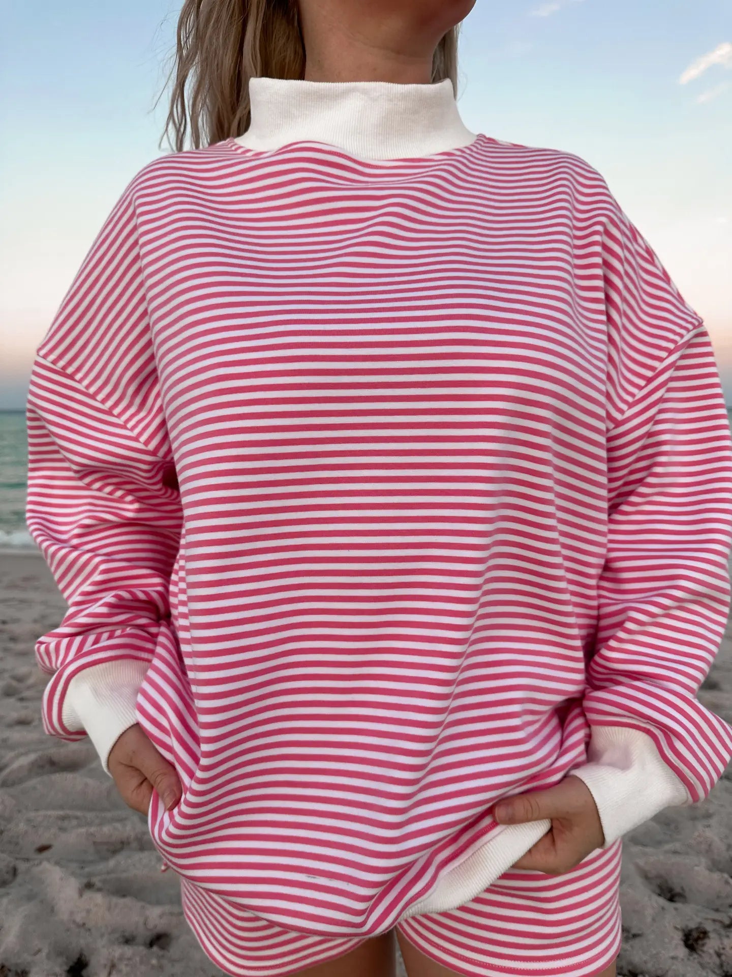 Pink and White Striped Mockneck Sweatshirt