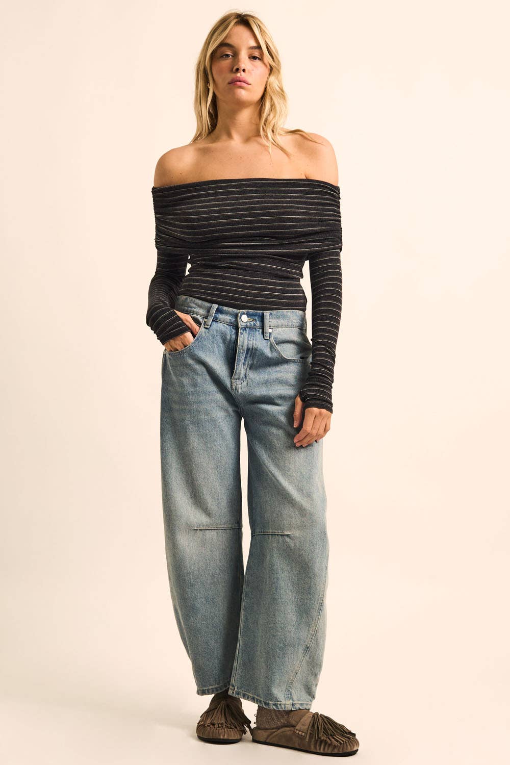 Striped Knit Foldover Off-Shoulder Bodysuit