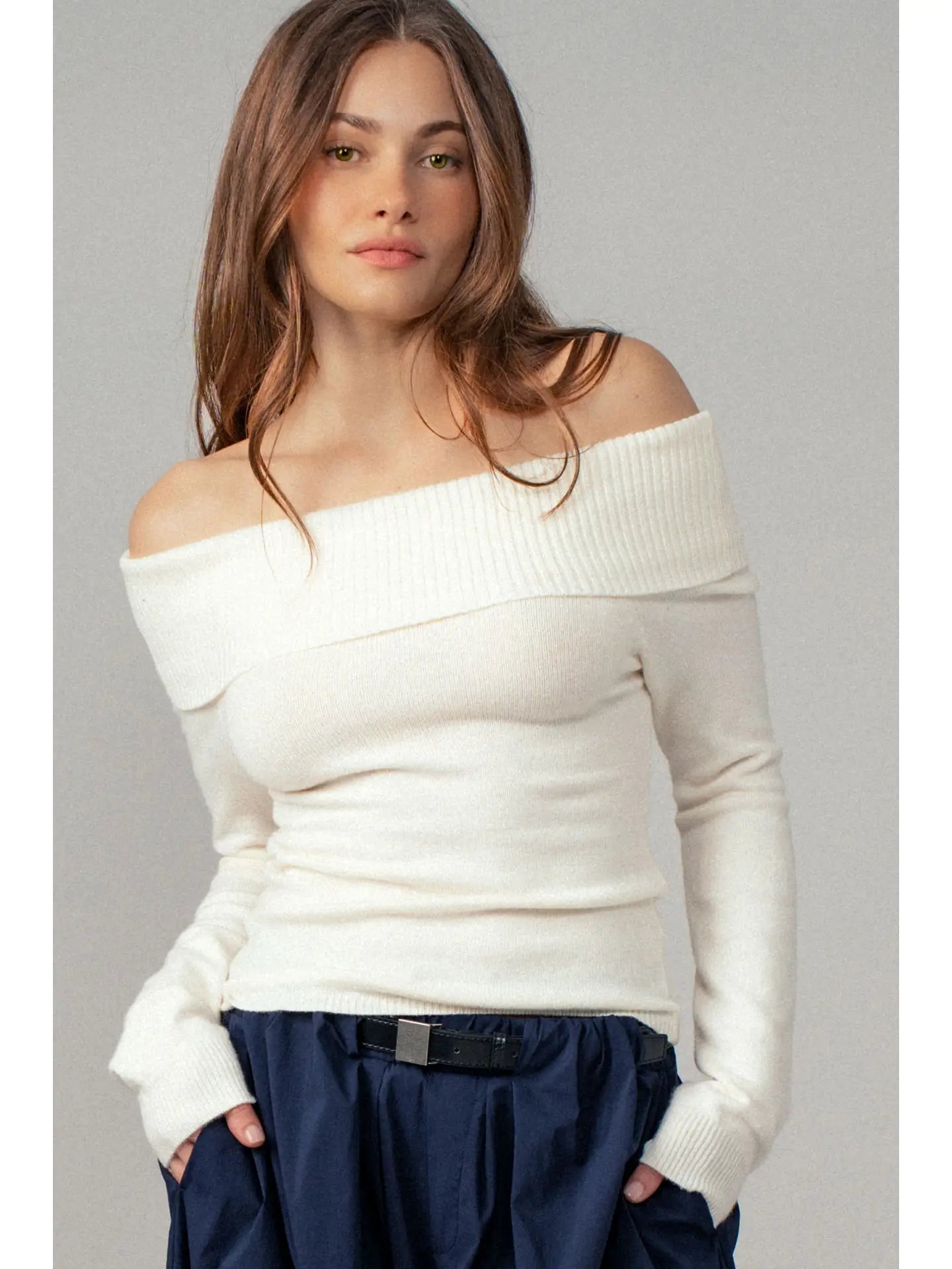 Ribbed Off-Shoulder Long Sleeve Sweater