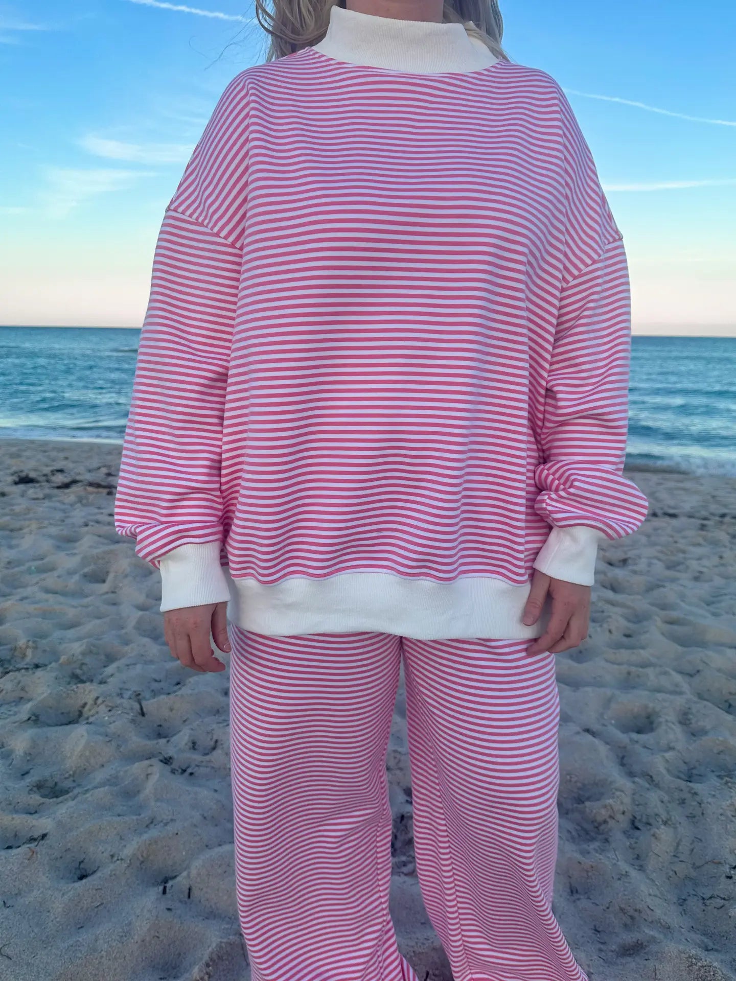 Pink and White Striped Mockneck Sweatshirt