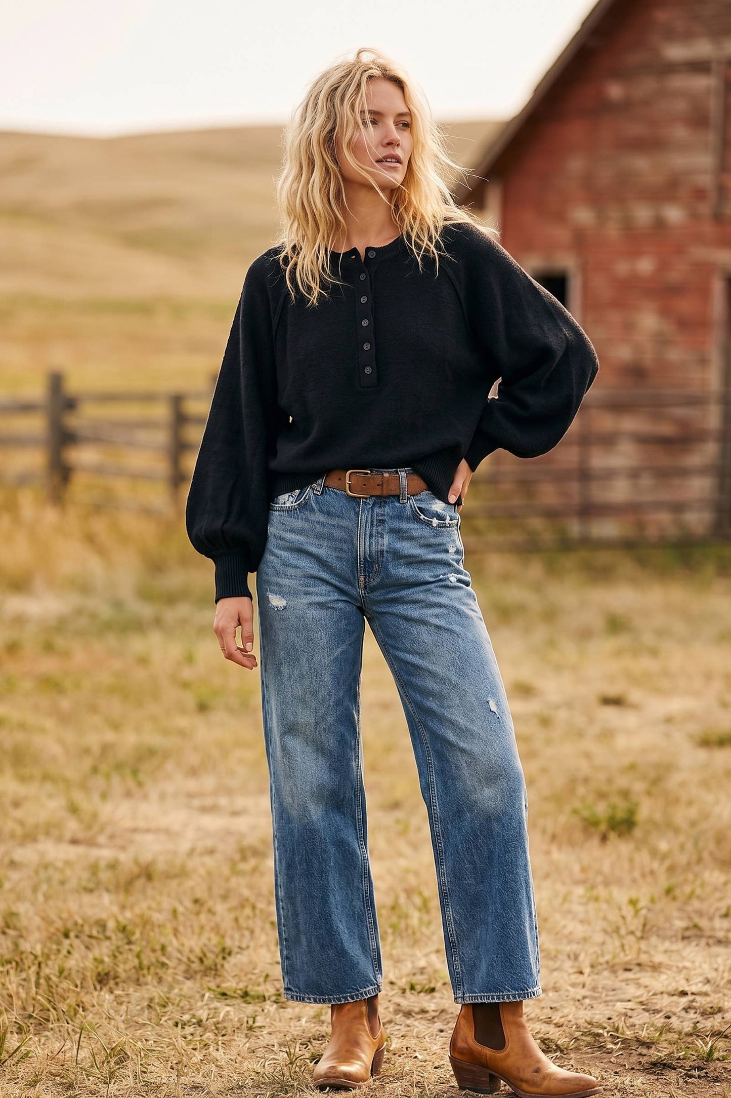 Henley Balloon Sleeve Sweater Top