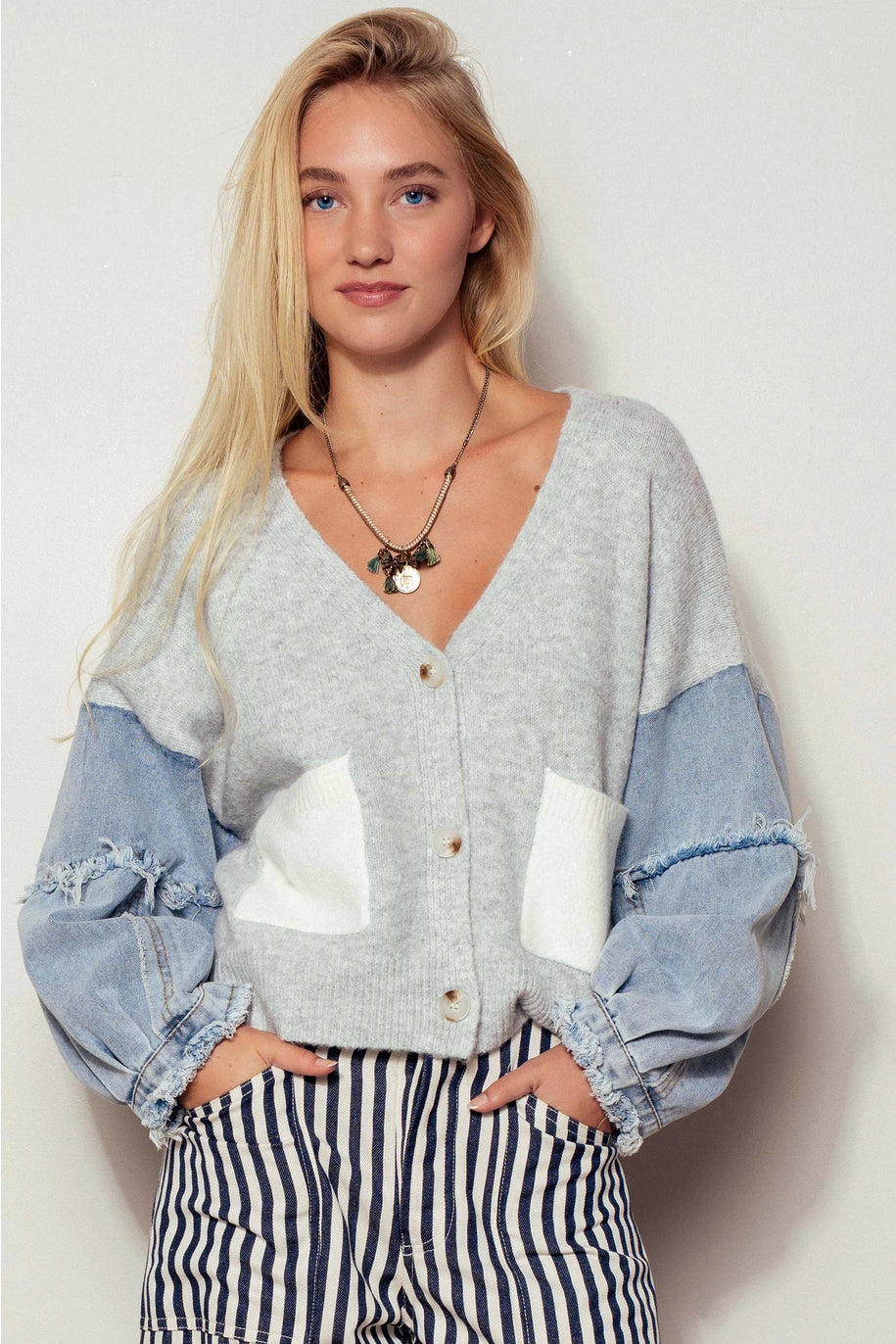 Denim Sleeve Knit Cardigan