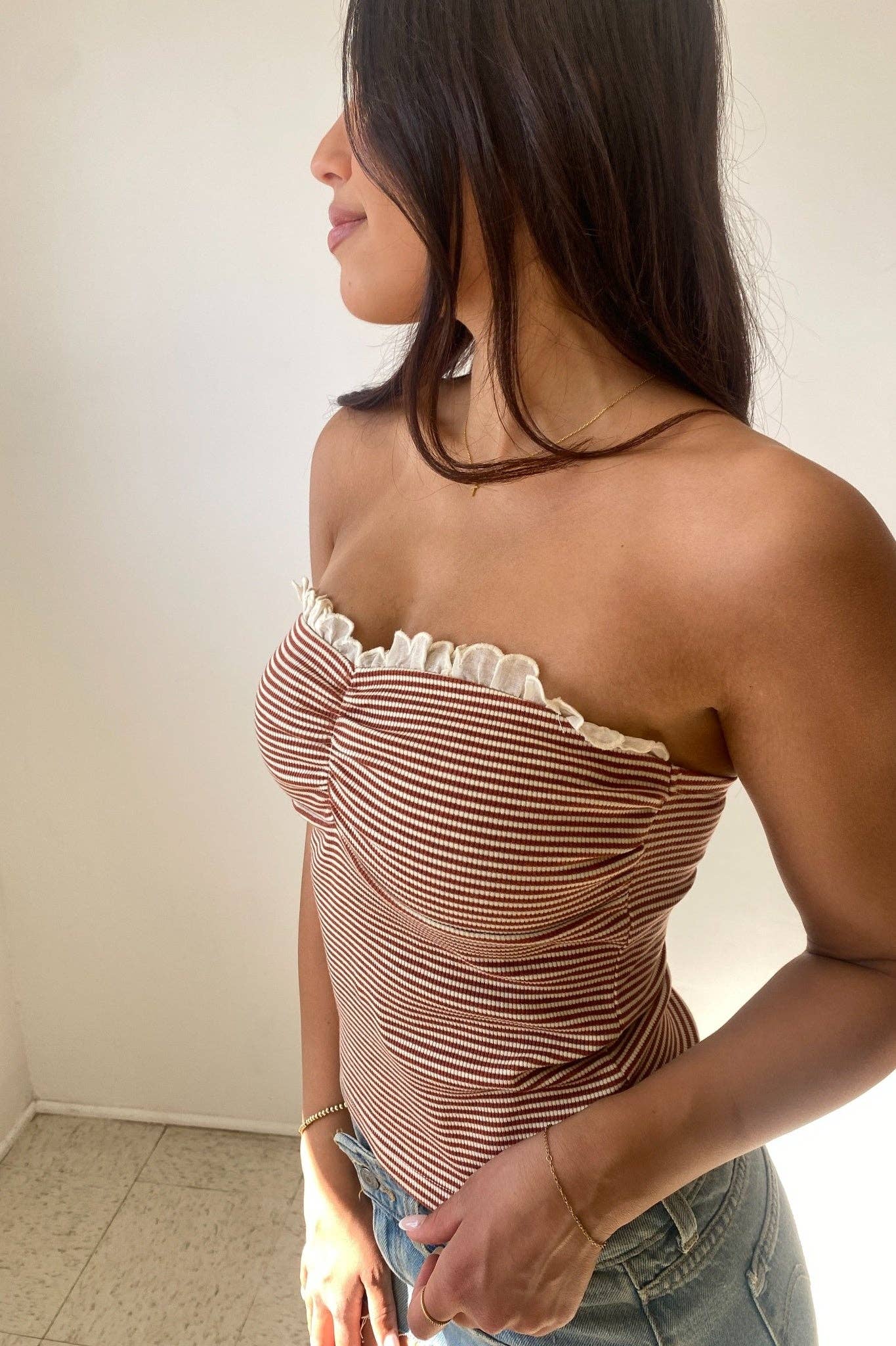 Striped Lace Trim Tube Top