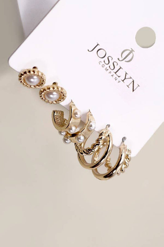Gold/Pearl Hoop/Stud Trio Pack of Earrings