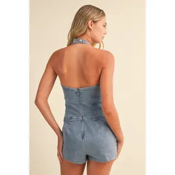 Denim Romper with Lace Detail