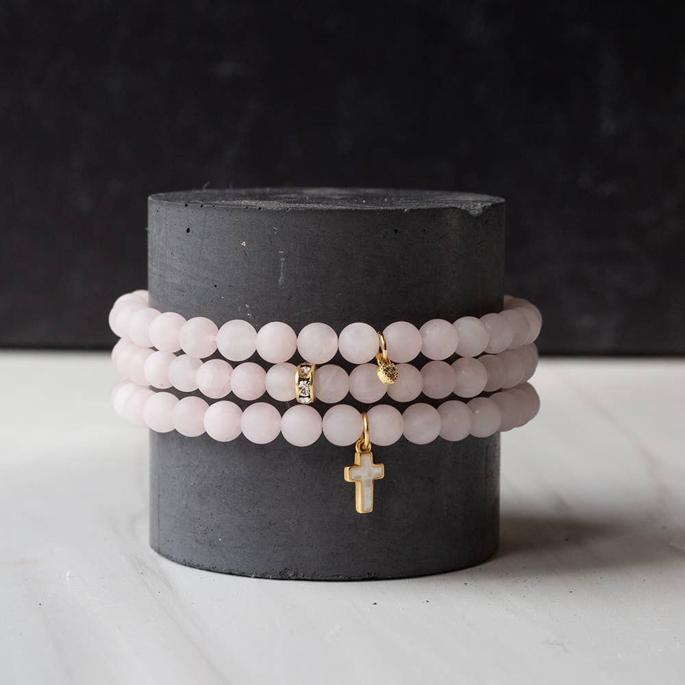 Gemstone Bracelet with Heart Charm-Rose Quartz