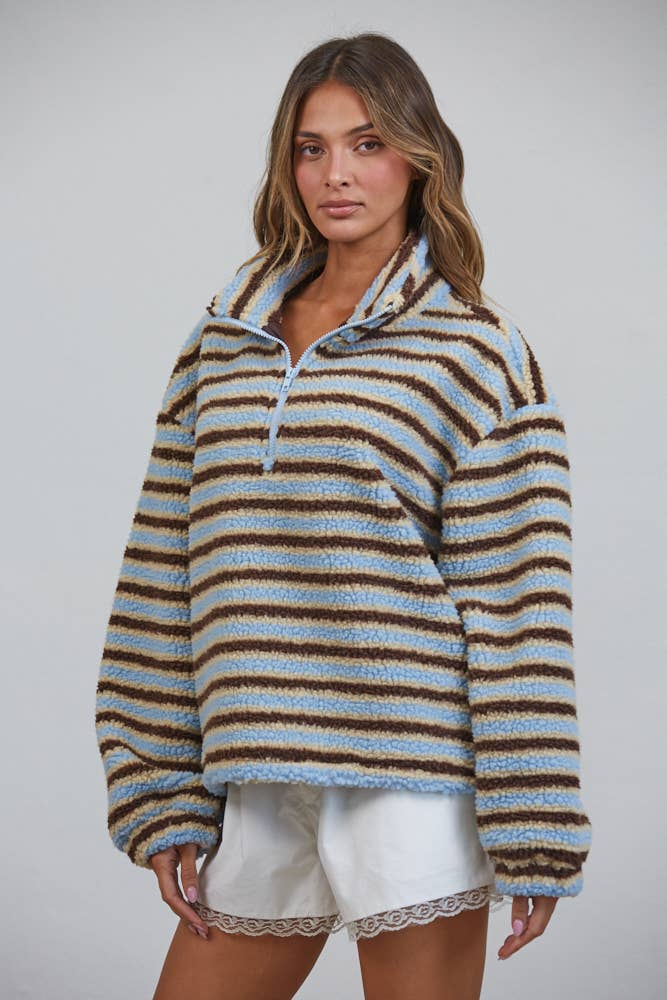 The Miley Sherpa Striped Half Zip Pullover