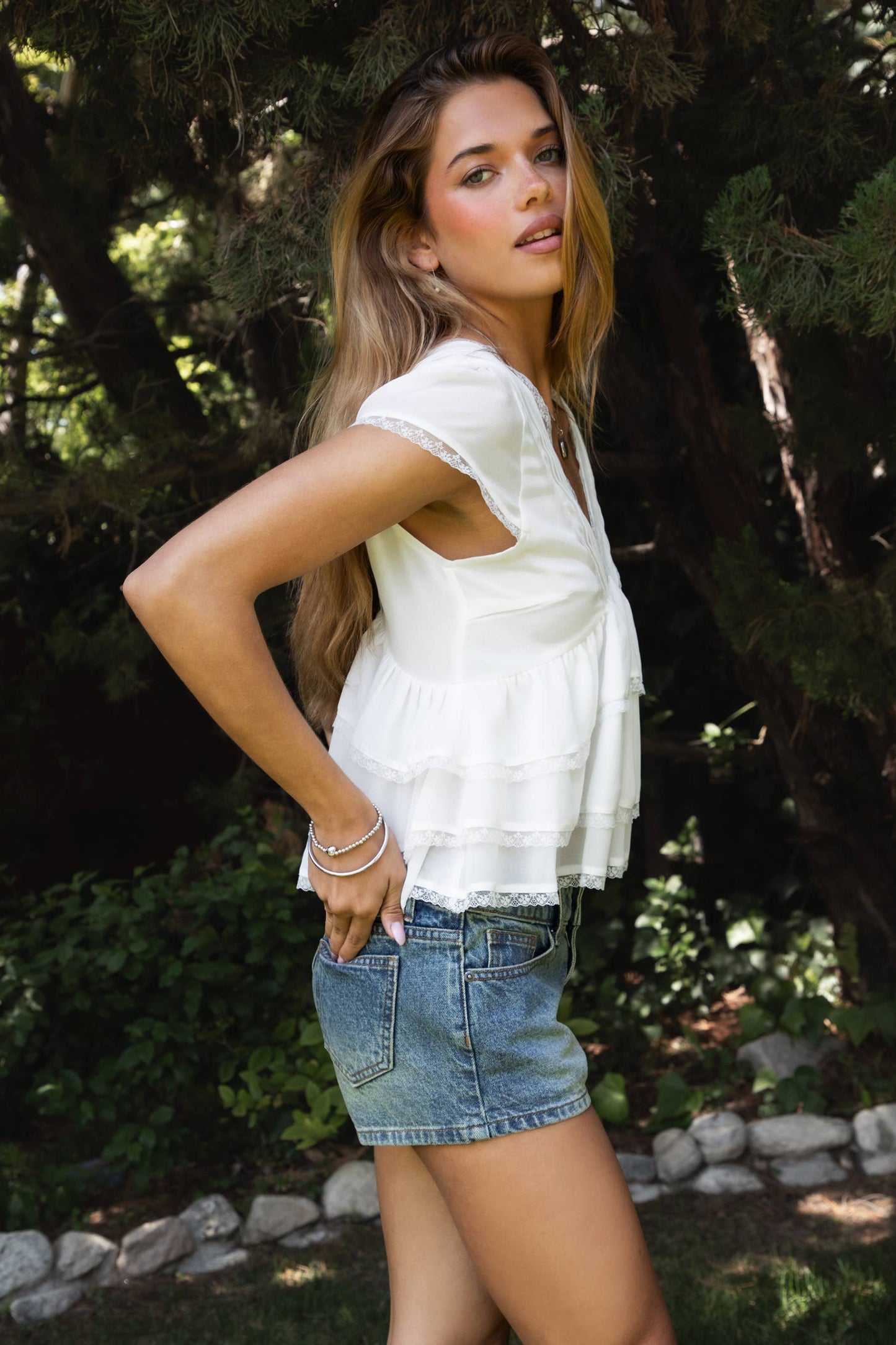 V Neck Tiered Ruffle Short Sleeve Top