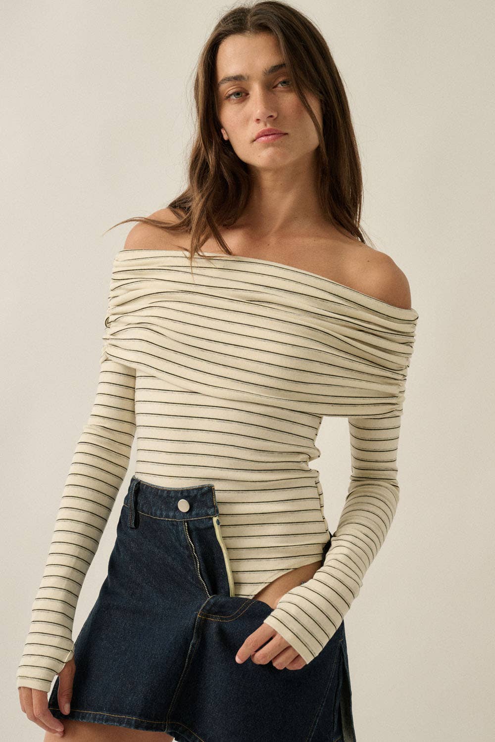 Striped Knit Foldover Off-Shoulder Bodysuit