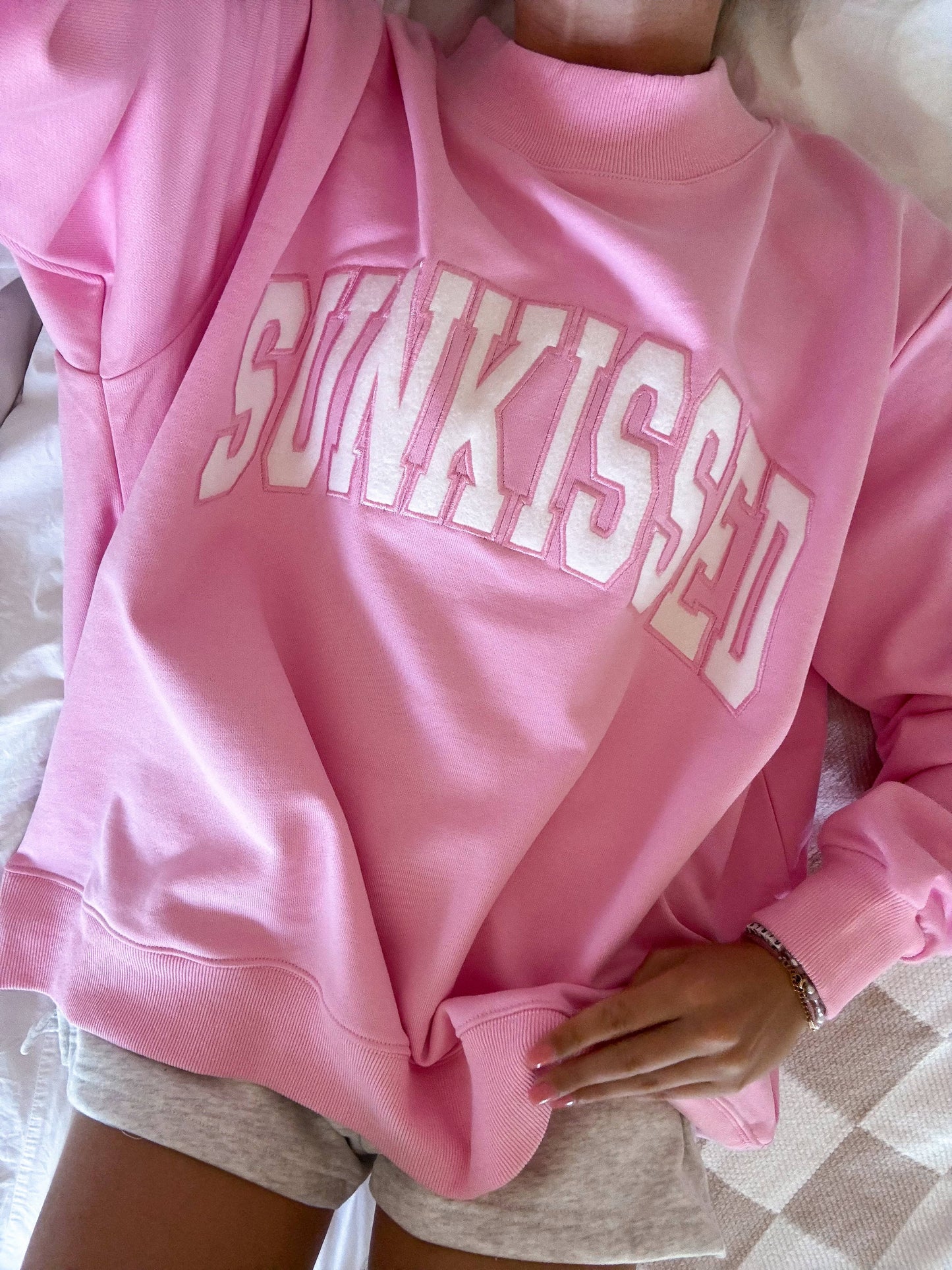 Lottie Pink Varsity Sunkissed Embroidered Mockneck Sweatshirt