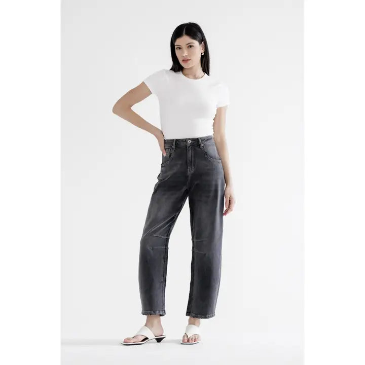 High Rise Barrel Jeans- Washed Black