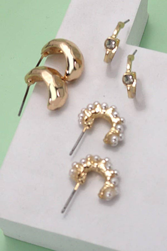 Pearl/Diamond Cut Hoop Earrings Trio