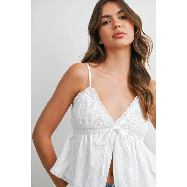 Eyelet Smocked Tie-Front Cami