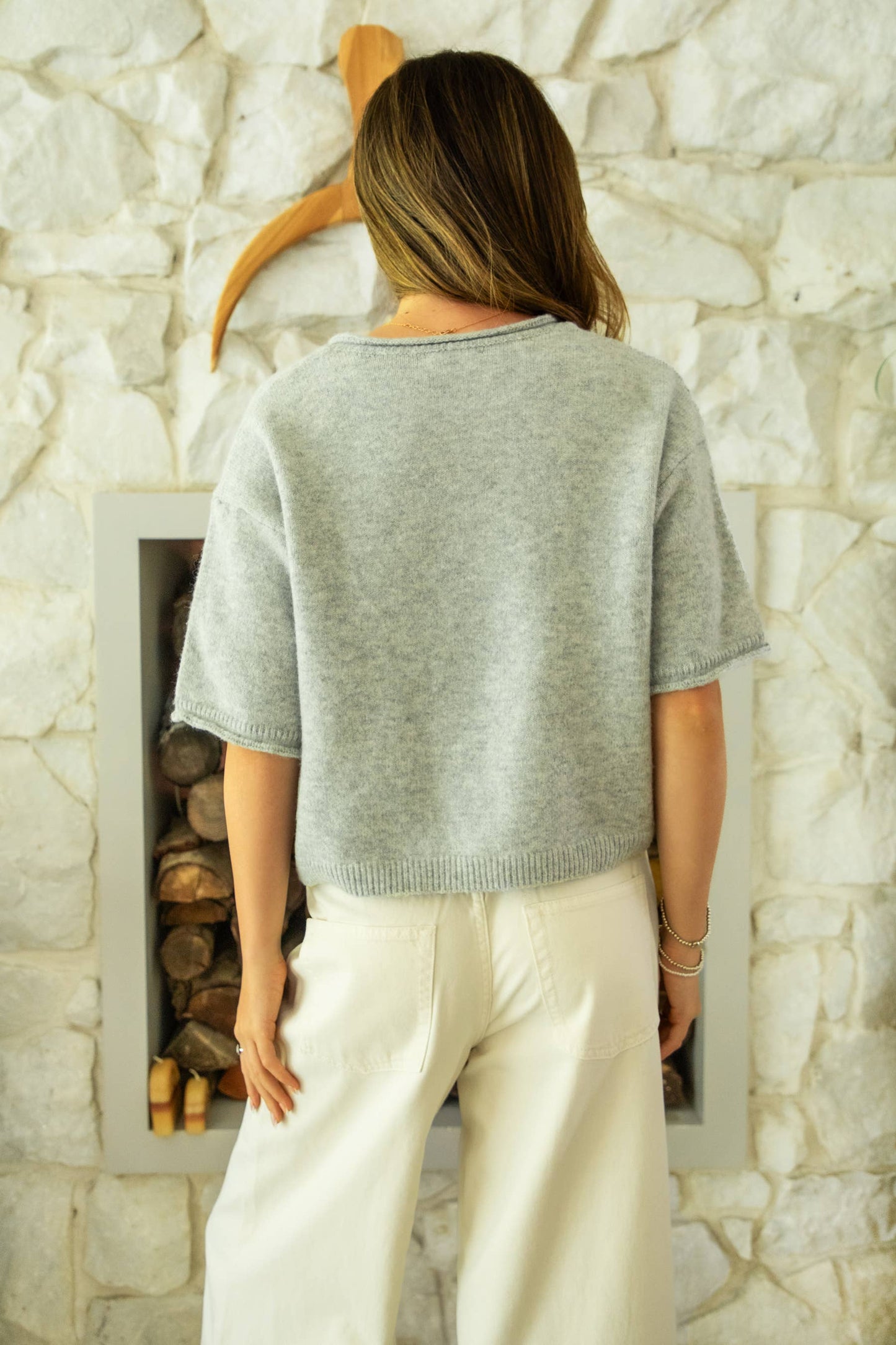 Roll Neck Drop Shoulder Short Sleeve Knit Sweater