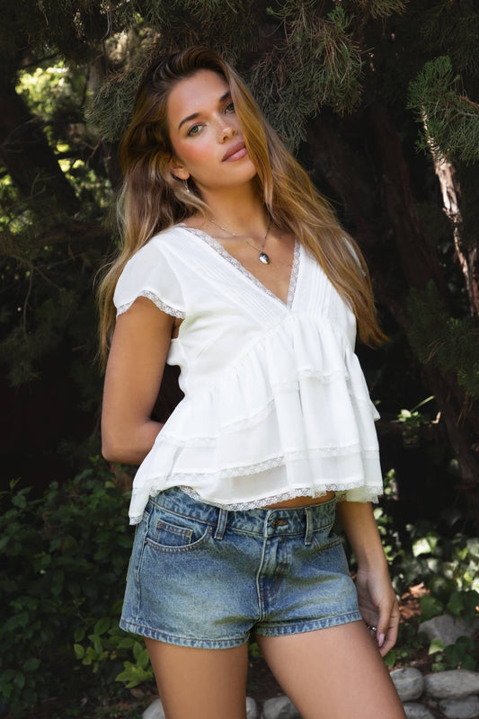 V Neck Tiered Ruffle Short Sleeve Top