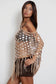 Sequin Open Crochet Fringe Knit Poncho