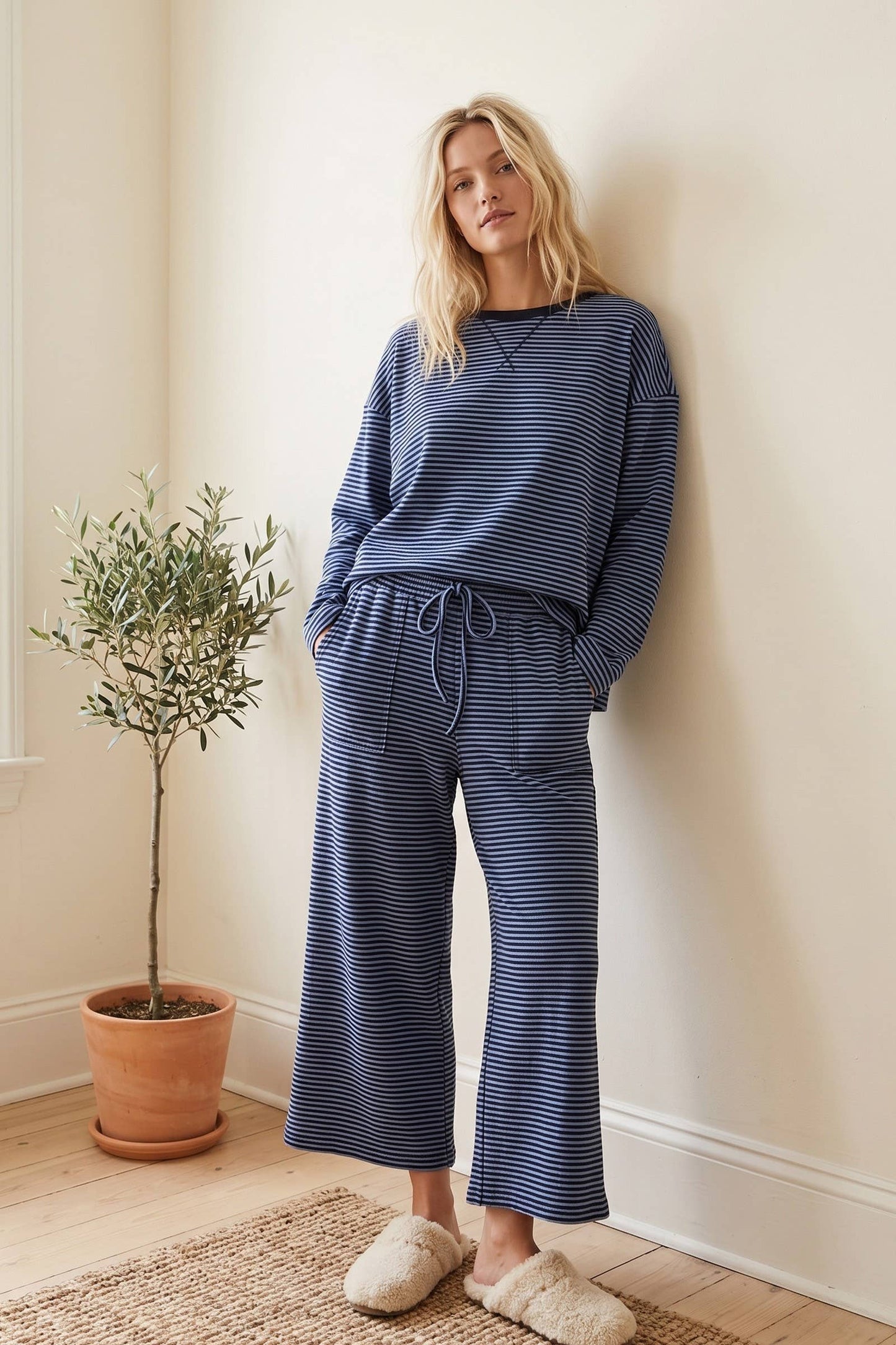 Striped Relaxed Top & Wide Leg Pants Knit Set