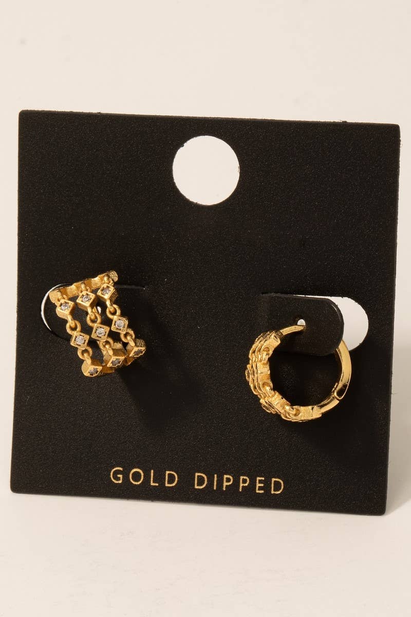 Gold Dipped Cz Studded Wide Hinge Hoop Earrings