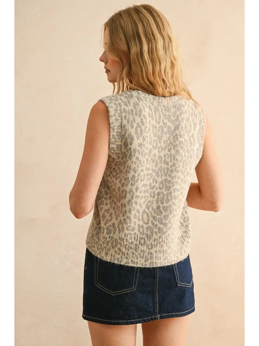 Leopard Pattern Tied Front Knitted Vest