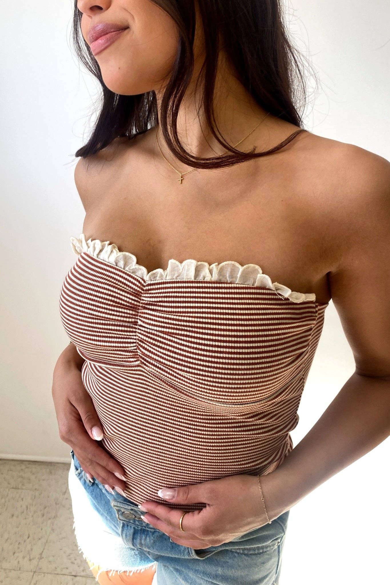Striped Lace Trim Tube Top