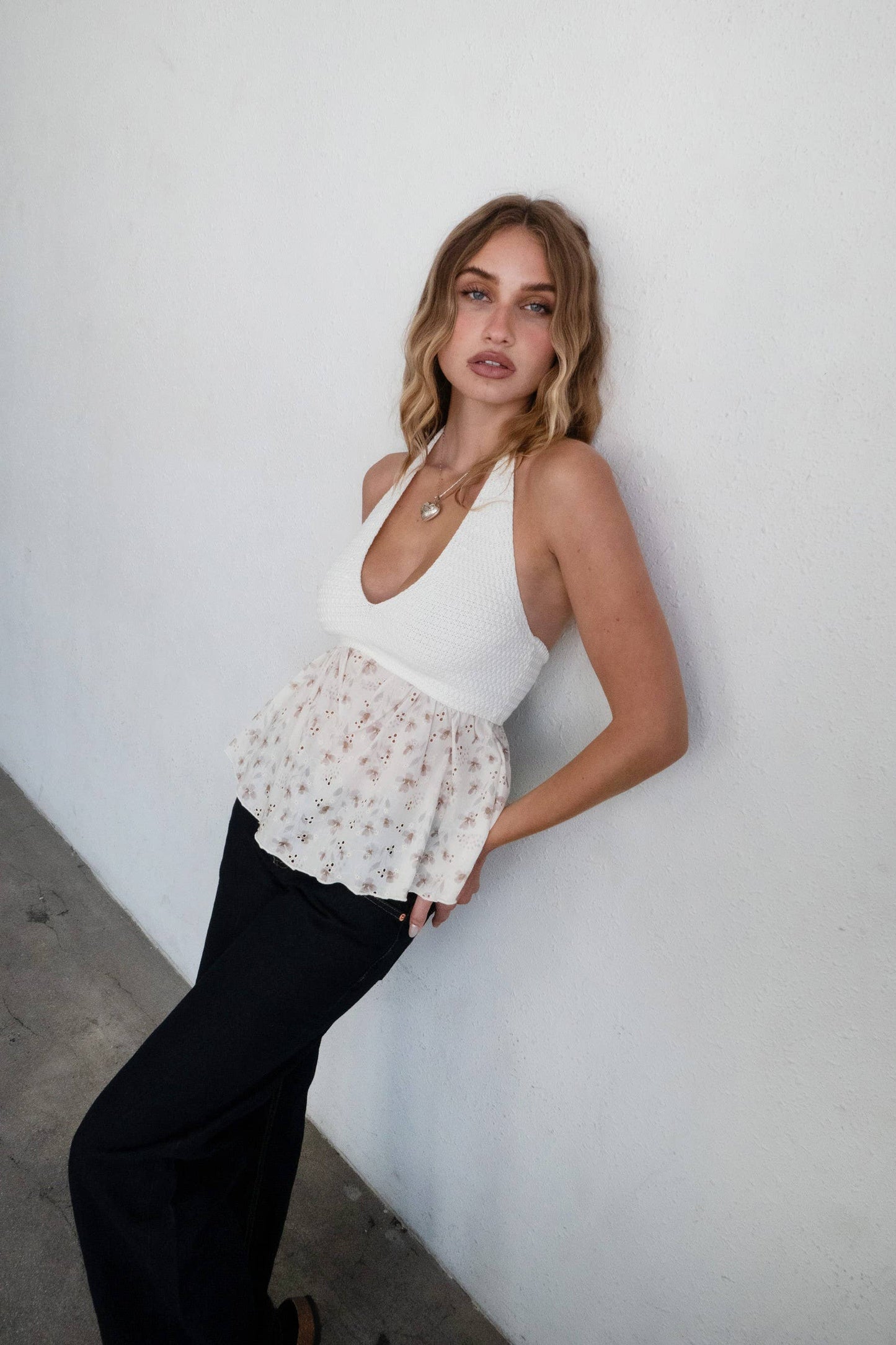 Floral Textured Halter Baby Doll Top