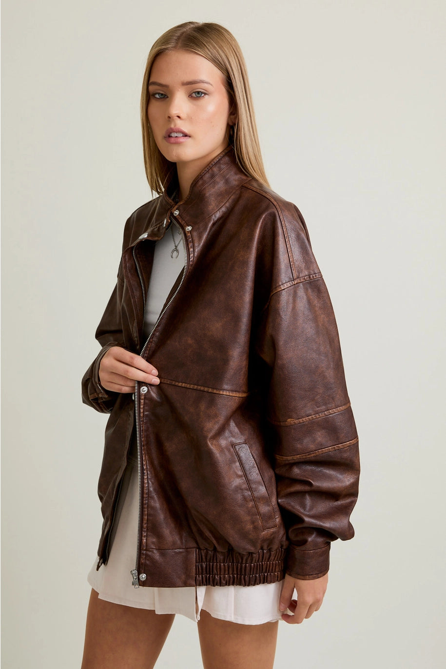 Faux Leather Oversize Bomber Jacket