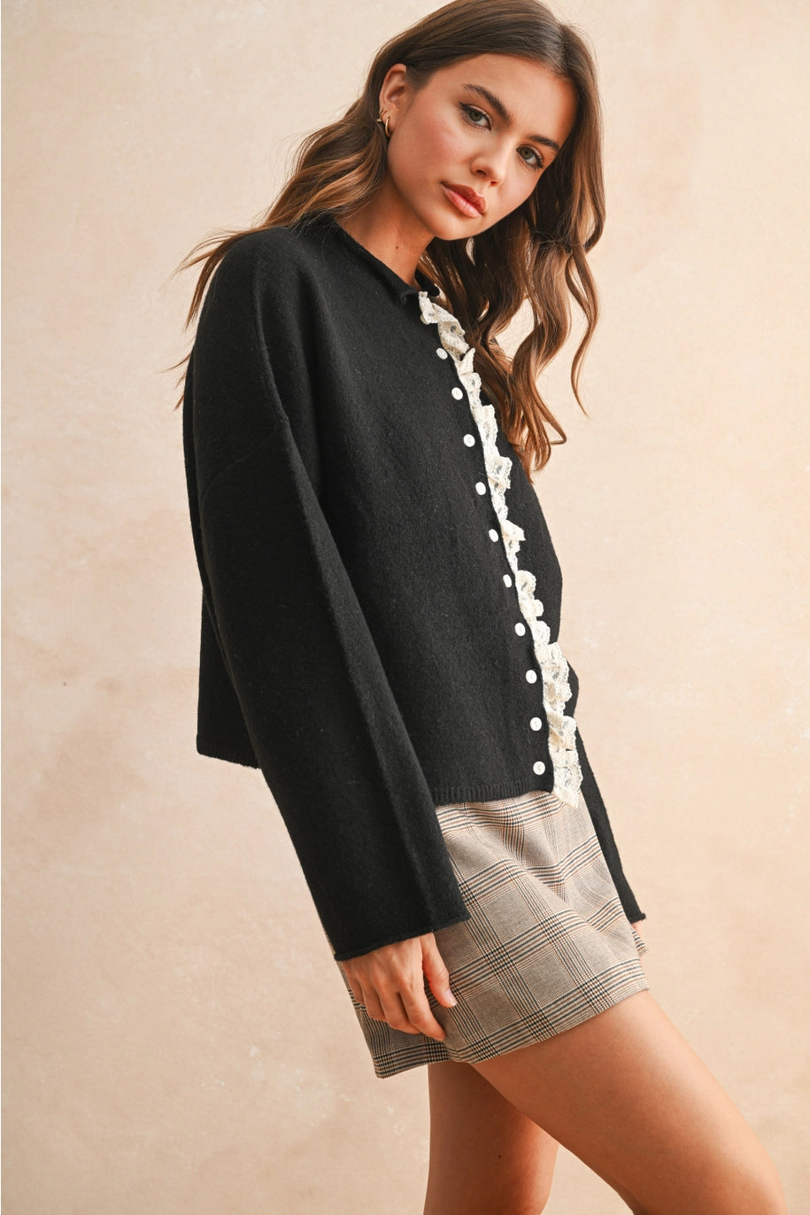 Button Front Lace Trim Knitted Cardigan