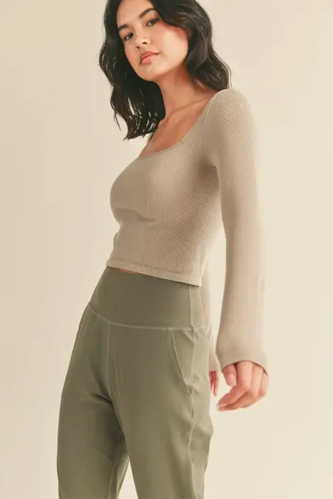 The Mya Taupe Square-Neck Seamless Long Sleeve Top