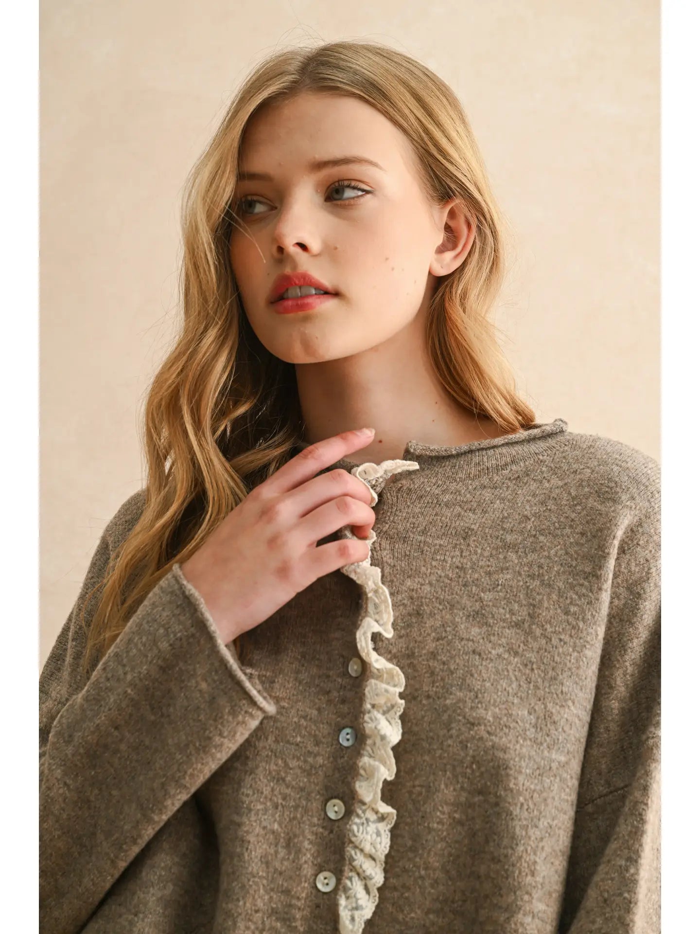 Button Front Lace Trim Knitted Cardigan