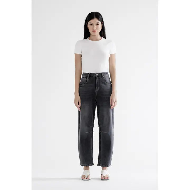 High Rise Barrel Jeans- Washed Black