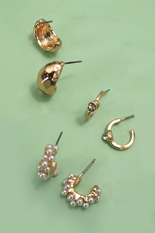 Pearl/Diamond Cut Hoop Earrings Trio