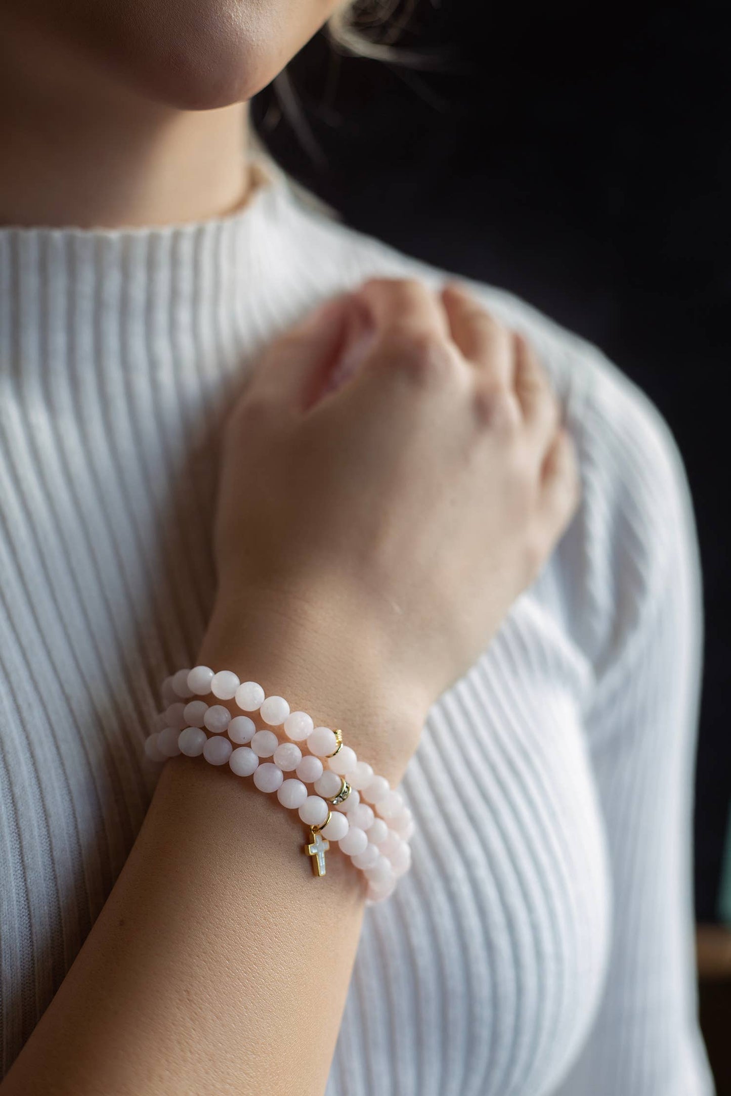 Gemstone Bracelet with Heart Charm-Rose Quartz