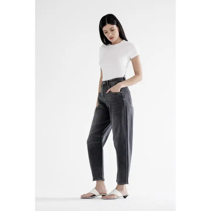 High Rise Barrel Jeans- Washed Black