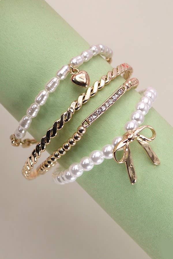 Bow/Pearl Rhinestone Bar Stretch Bangle Set