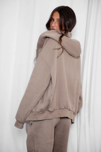 Taupe Oversized Loose Fit Zip Up Hoodie