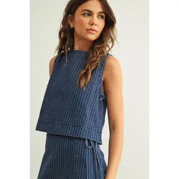 PINSTRIPED DENIM SLEEVELESS TOP