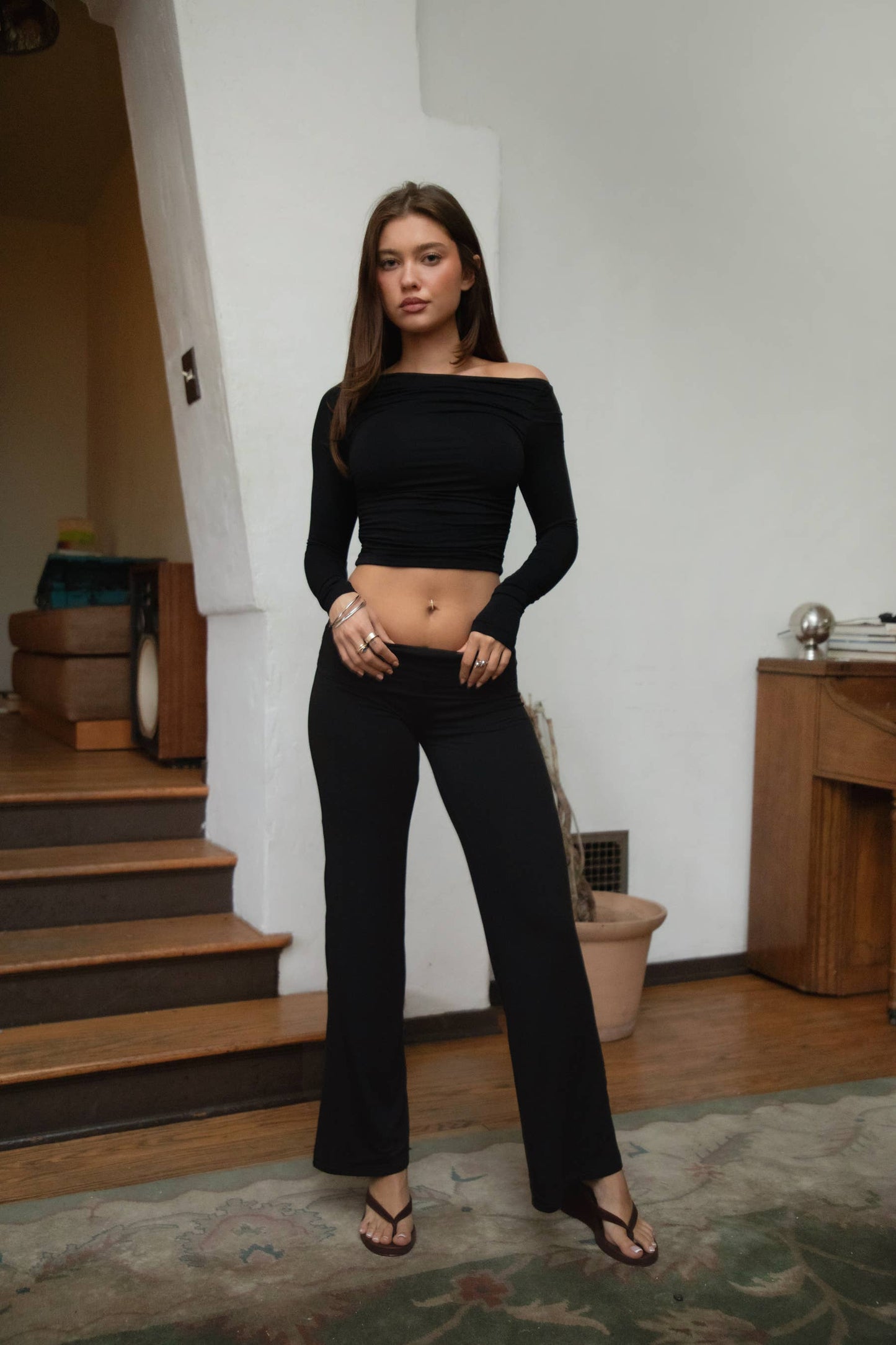 Boat Neckline Basic Casual Lounge Long Sleeve Top