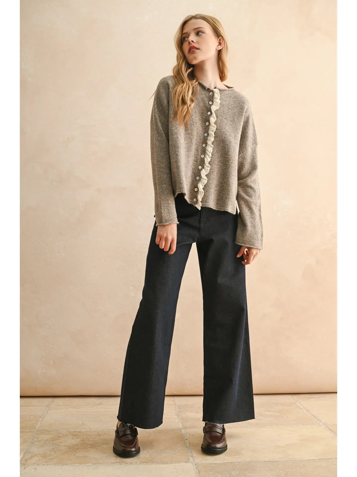 Button Front Lace Trim Knitted Cardigan