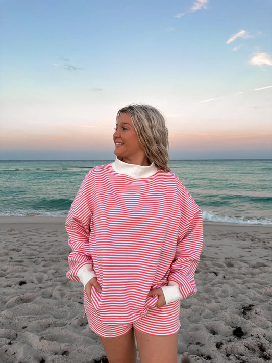 Pink and White Striped Mockneck Sweatshirt