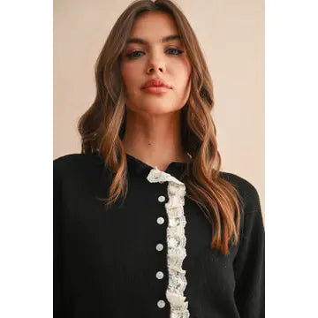 Button Front Lace Trim Knitted Cardigan