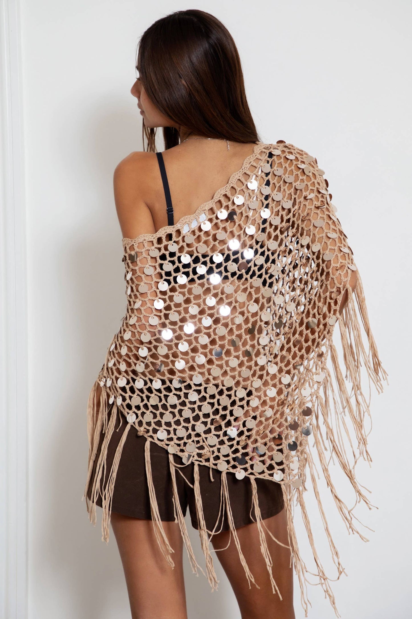 Sequin Open Crochet Fringe Knit Poncho