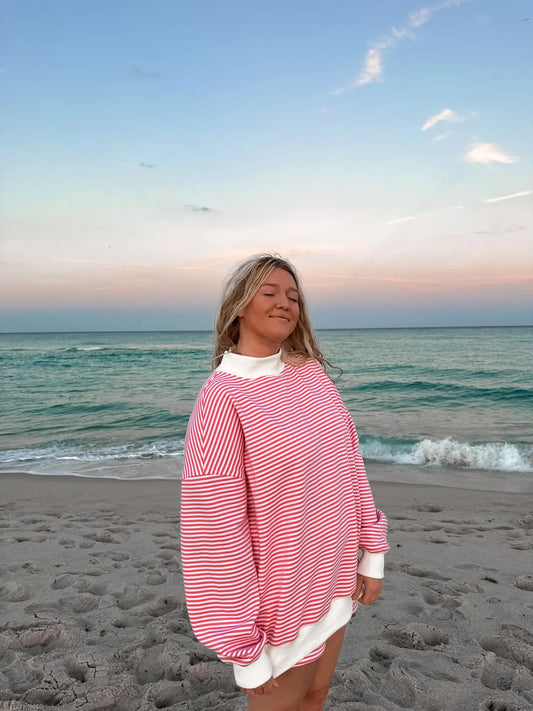Pink and White Striped Mockneck Sweatshirt