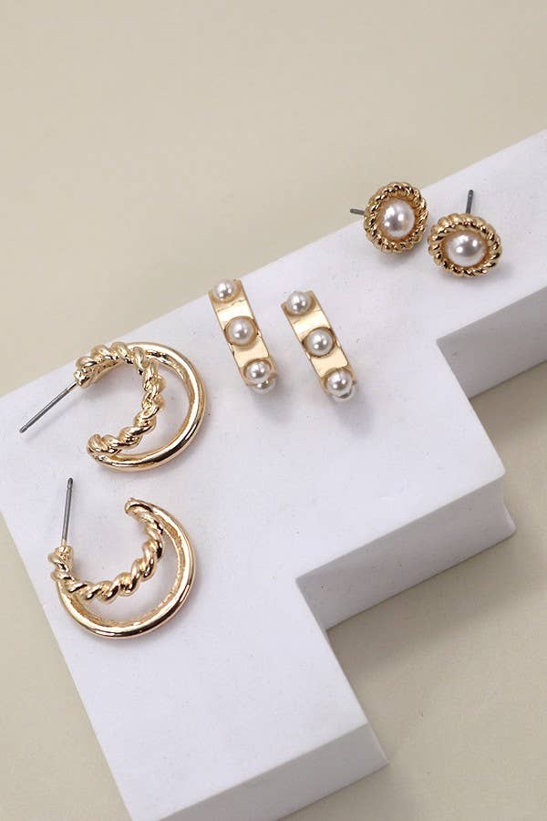 Gold/Pearl Hoop/Stud Trio Pack of Earrings