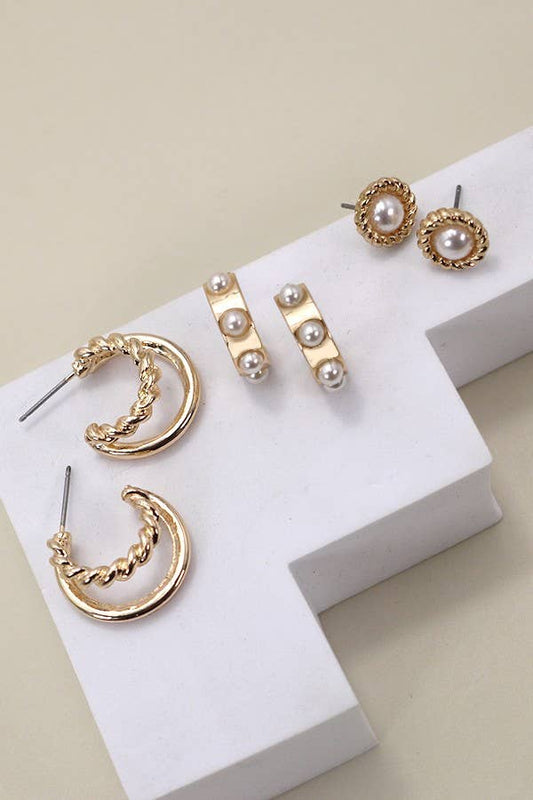 Gold/Pearl Hoop/Stud Trio Pack of Earrings