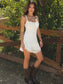 Magaret Tiered Ruffle Lace Assymetrical Hem Aline Mini Dress