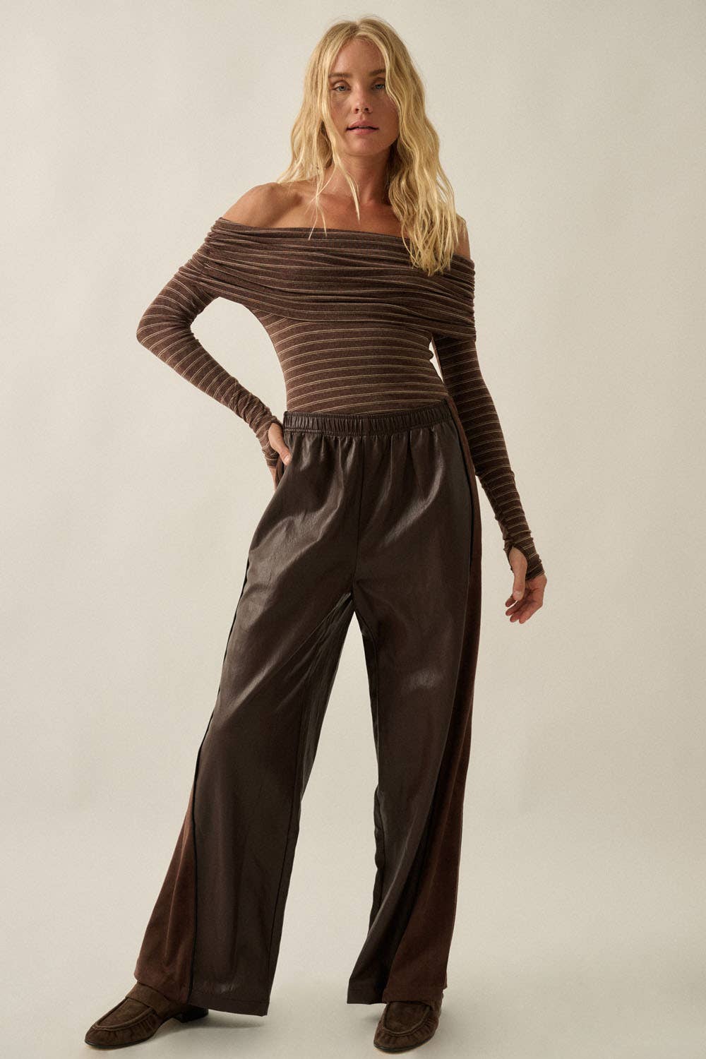 Striped Knit Foldover Off-Shoulder Bodysuit