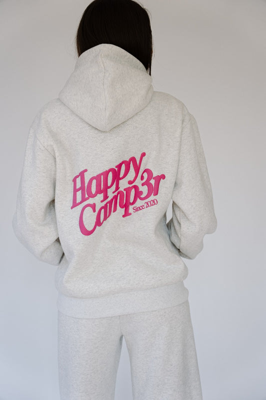 Happy Camp3r Oatmeal and Fuschia Puff Hoodie